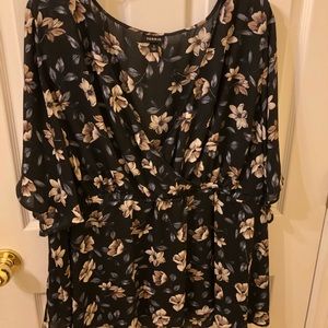 Black Floral Faux Wrap Blouse